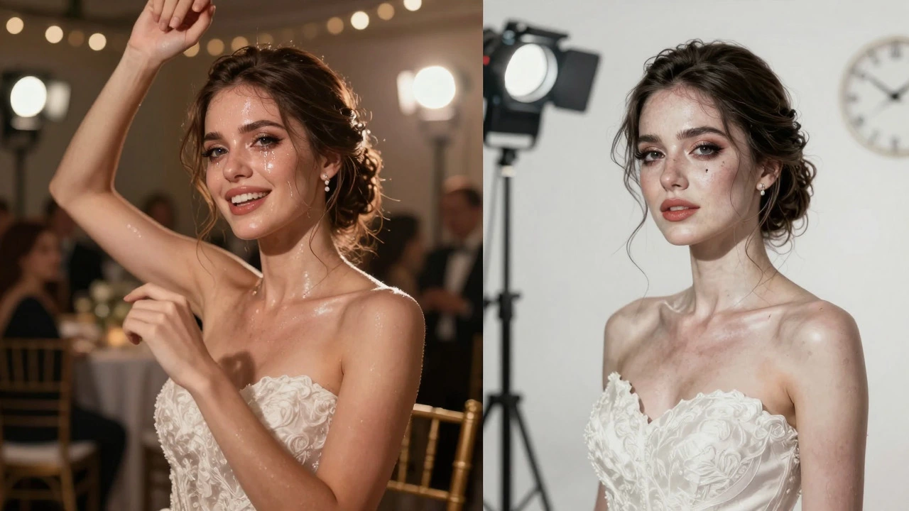 Split image showing lasting bridal makeup vs fading daily look