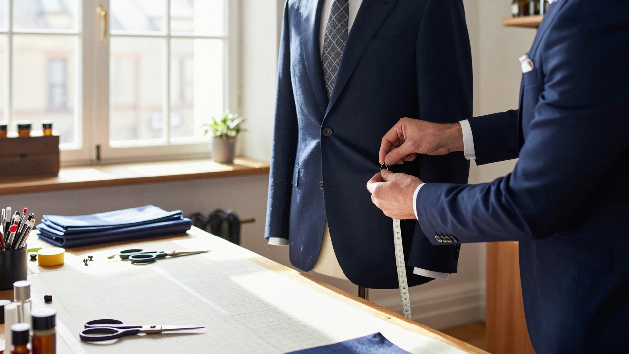 Tailor pinning adjustments on a navy suit in a traditional workshop
