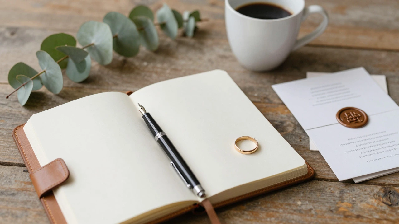 Wedding rings, notebook, and invitations on a table symbolizing budget planning