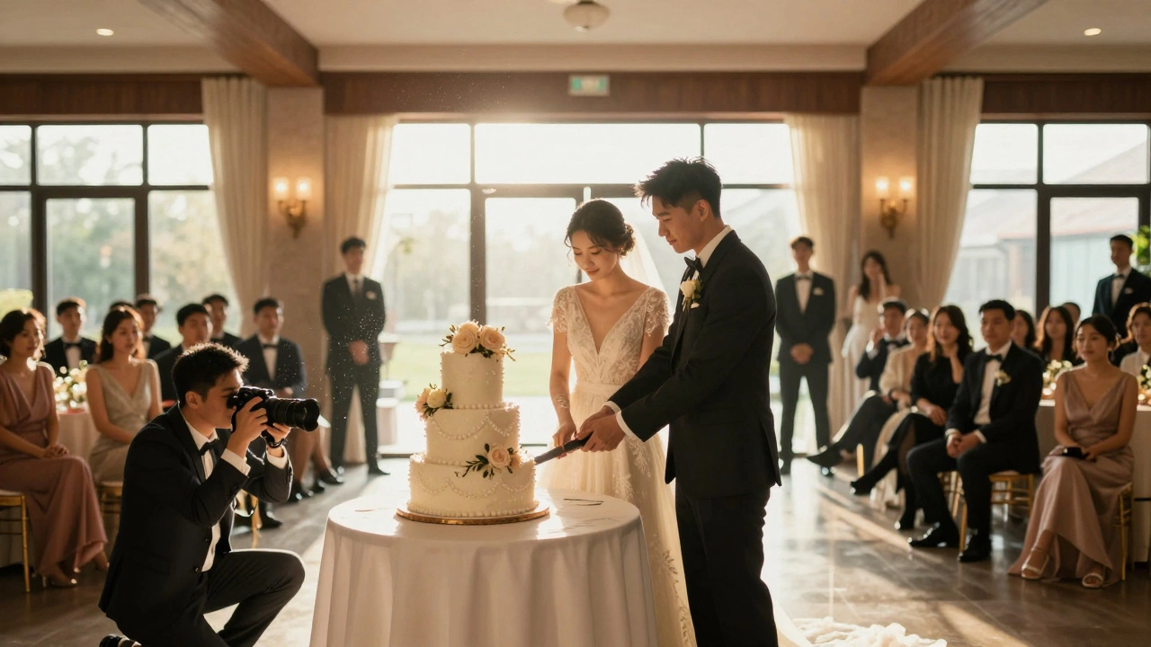 Wide shot of wedding cake cutting ceremony with photographer and guests