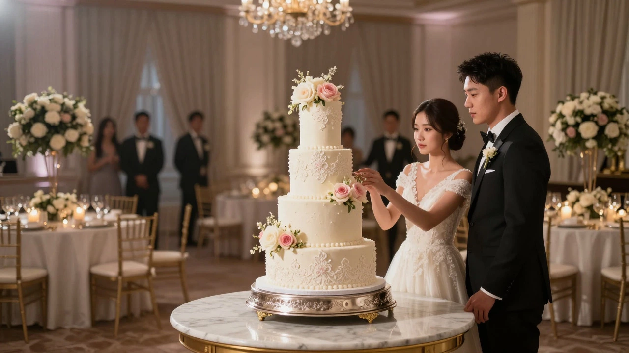 Bride and groom admiring an elaborate wedding cake at a reception venue