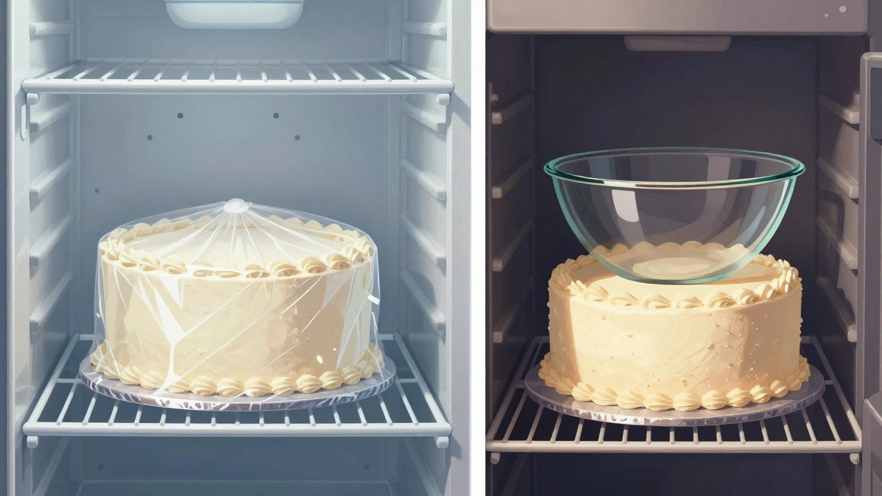 Cake stored in fridge vs under bowl in pantry comparison