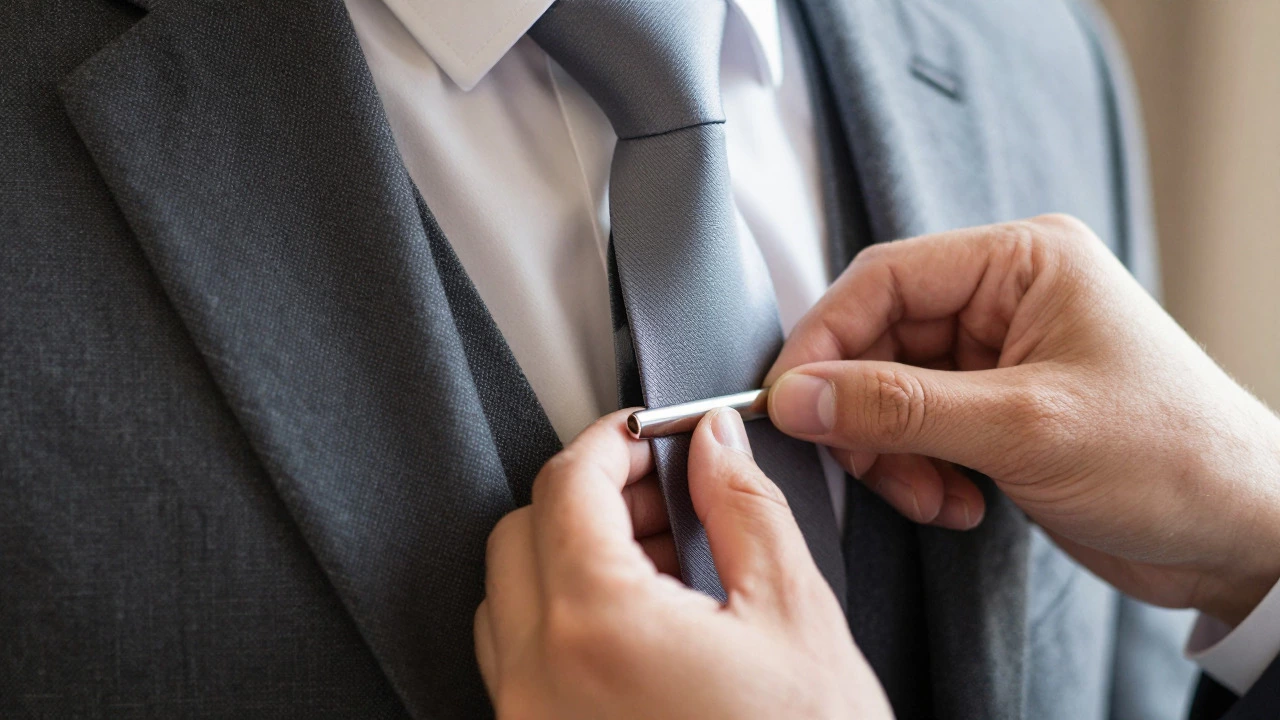 Close-up of a groom securing a tie clip and checking suit buttons before the event