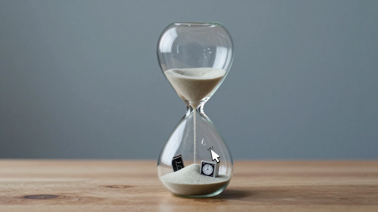 Conceptual art of an hourglass filled with symbols for time, fuel, and data storage