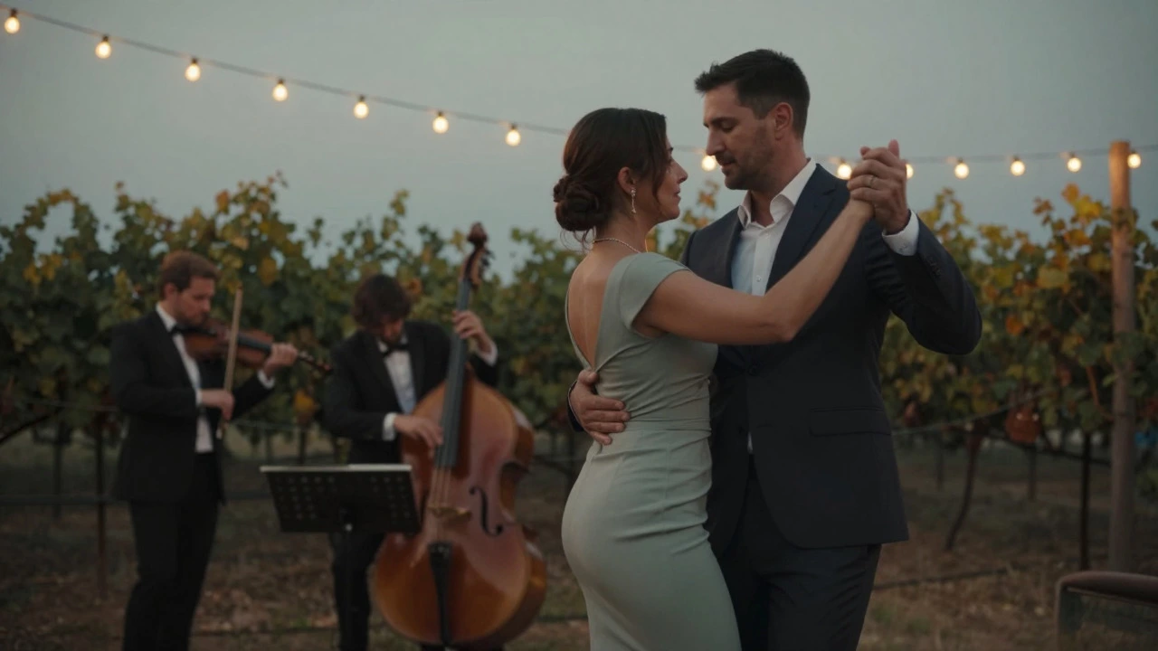 Couple dancing under string lights with a jazz band in background