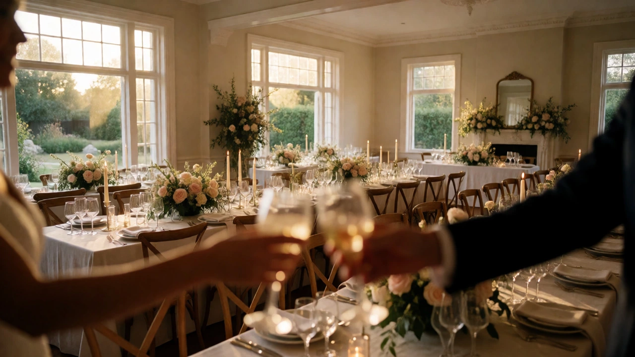 Elegant wedding reception venue with floral centerpieces