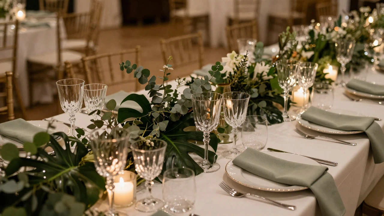 Elegant wedding table with crystal, linen, and low greenery arrangements.
