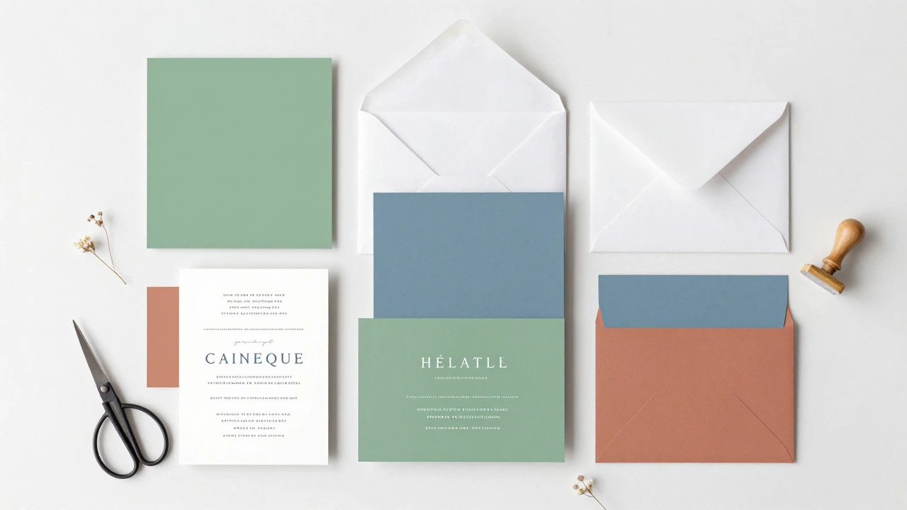 Flat lay of colorful digital print wedding invitations on a white table