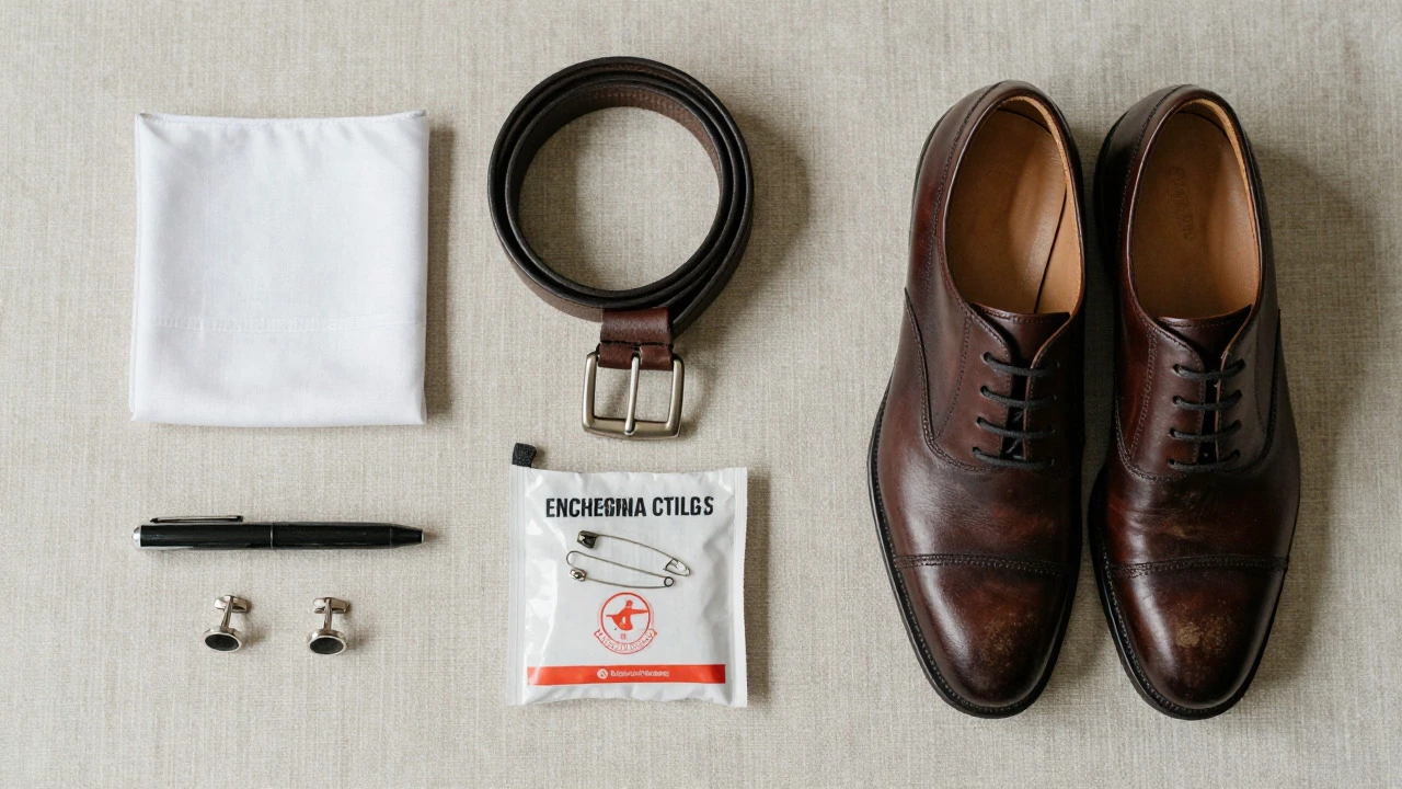Flat lay of groom accessories including pocket square and shoes