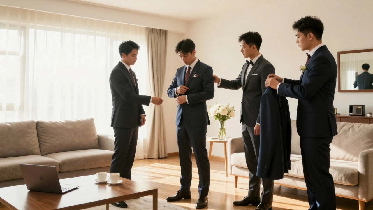 Groom and friends preparing in a sunlit living room before the wedding