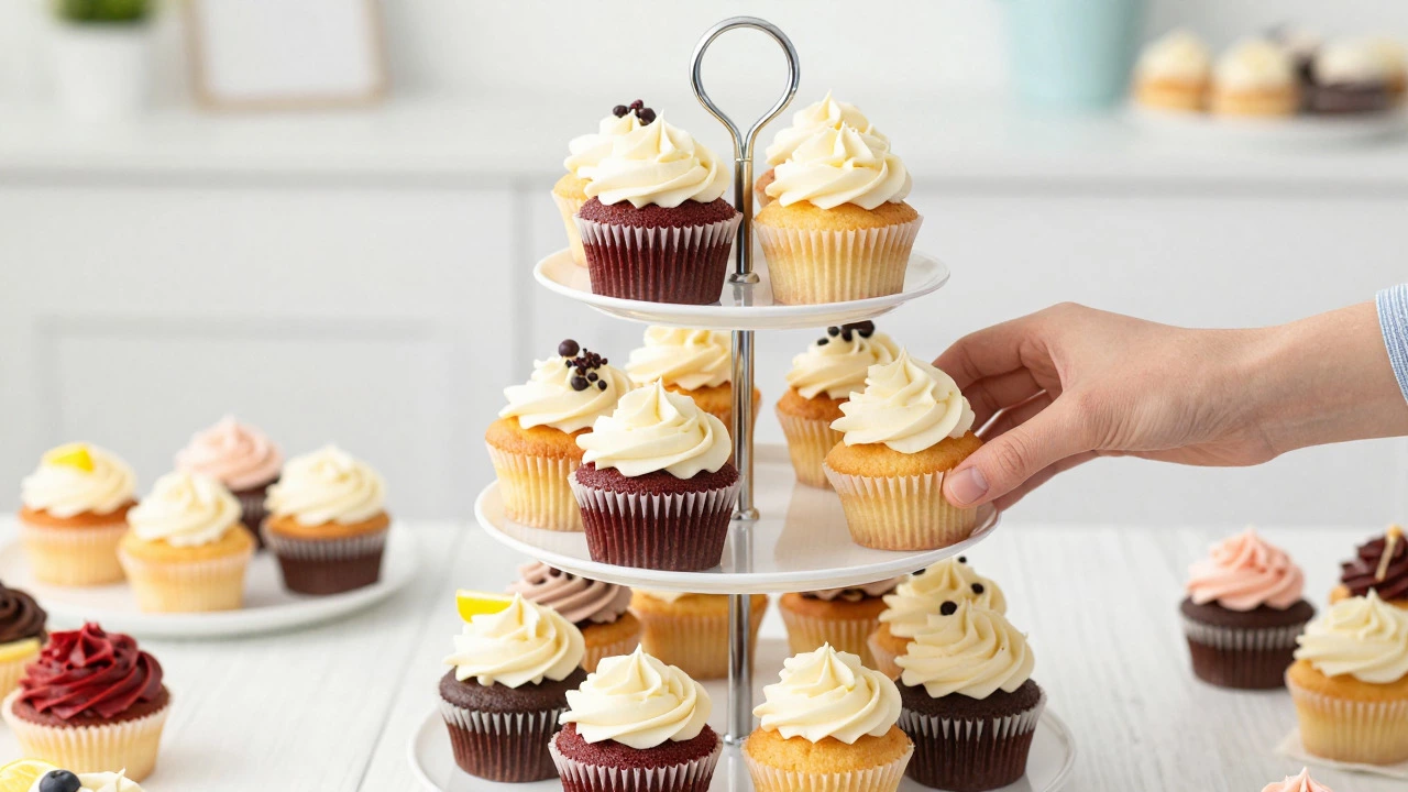 Guests selecting from a variety of colorful cupcakes