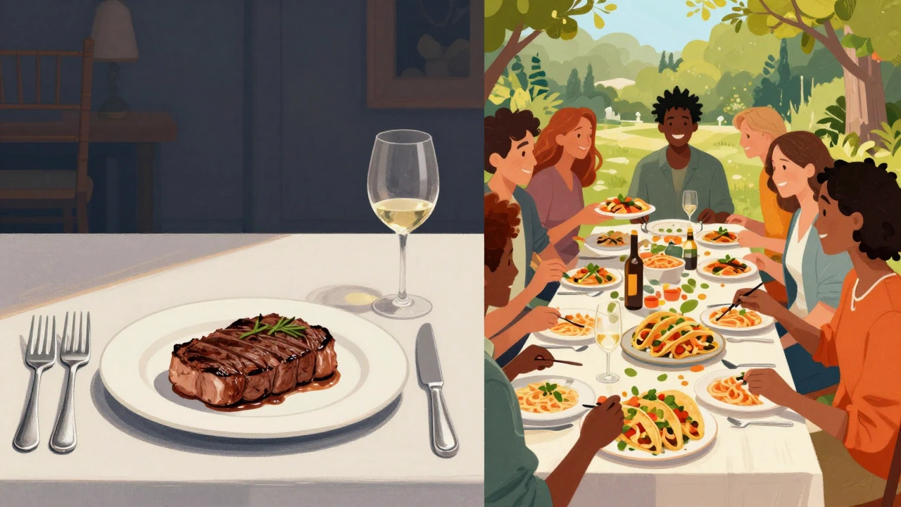 Illustration comparing expensive dinner vs cheap buffet