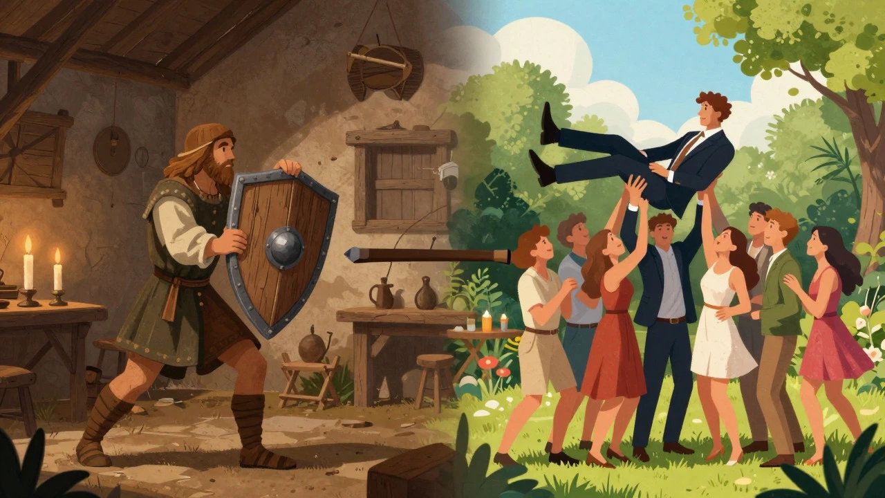 Illustration comparing medieval shield lifting with modern groom throwing traditions