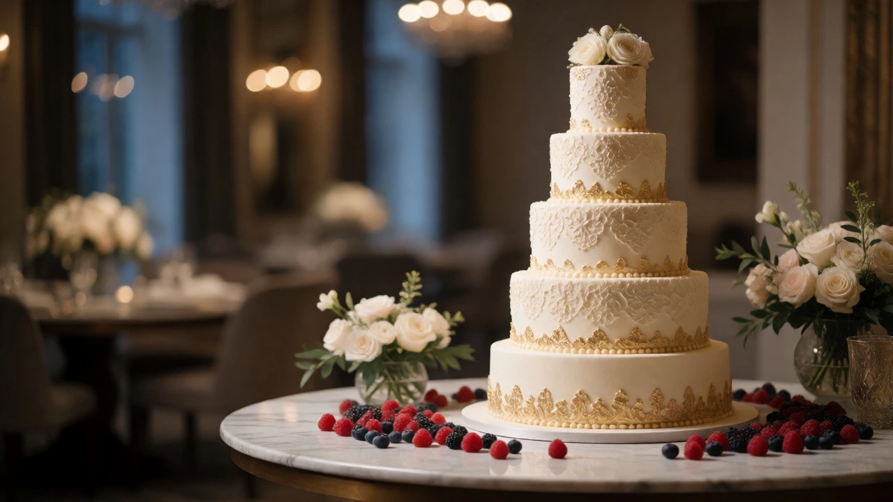Luxury five-tier wedding cake with gold details on a marble table.