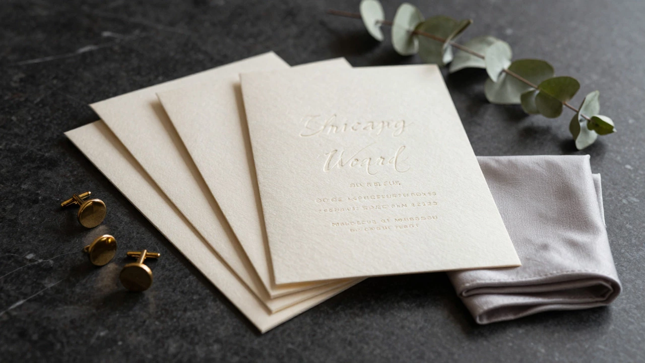 Luxury wedding stationery and gold accessories on a marble surface.