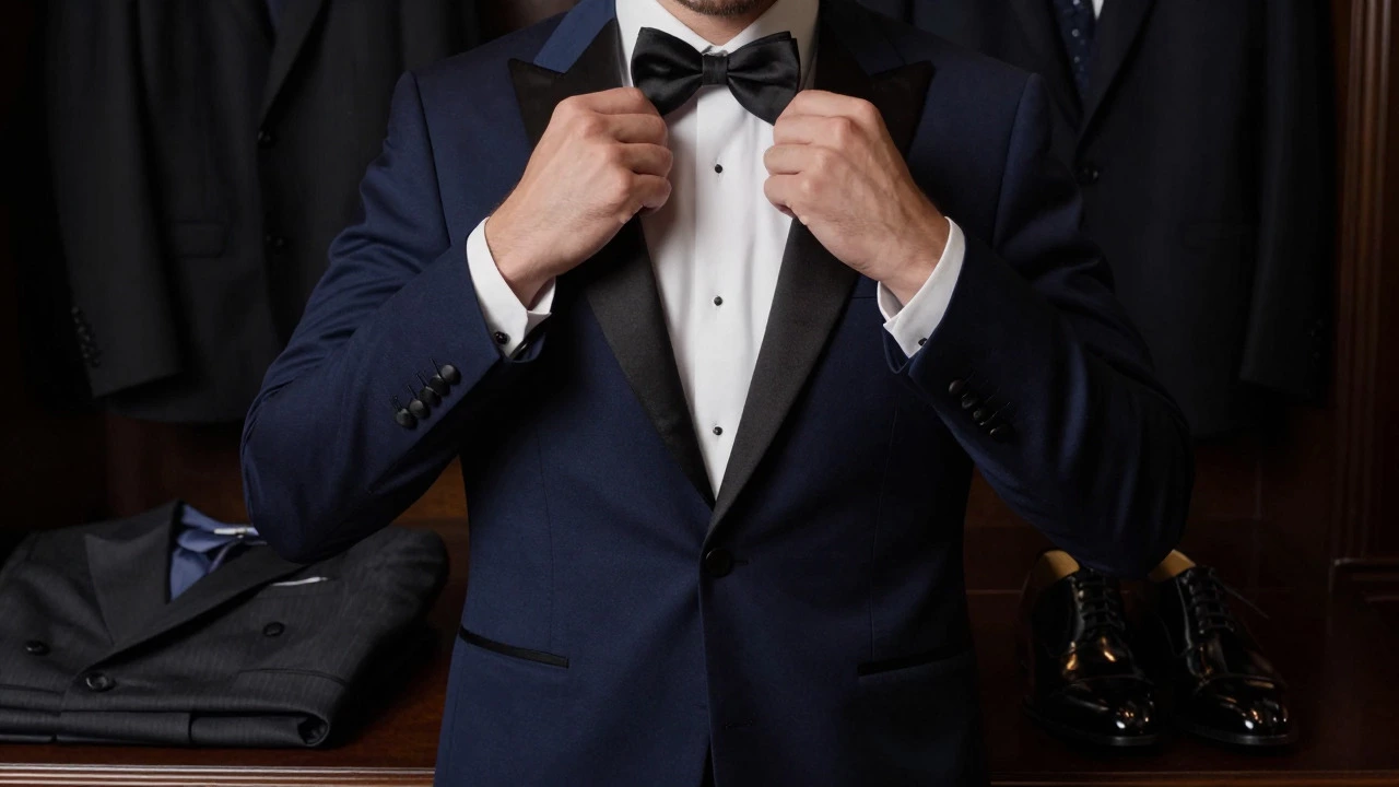 Man adjusting a bow tie on a midnight blue tuxedo