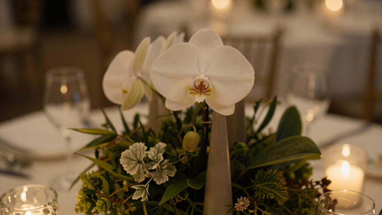 Minimalist orchid centerpiece with negative space and warm lighting