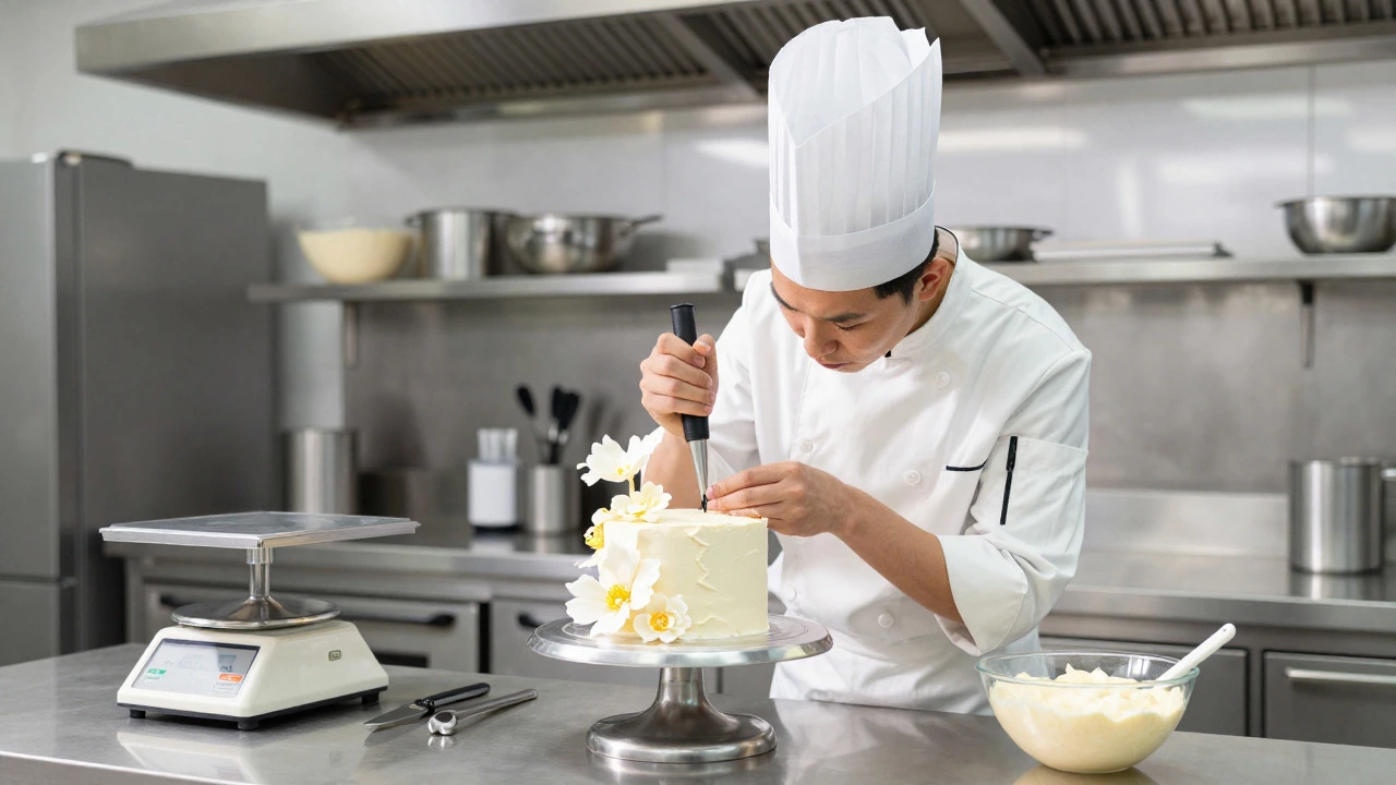 Pastry chef piping sugar flowers onto a tiered cake in a professional kitchen