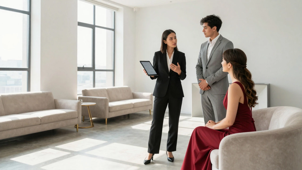 Photographer presenting a proposal to a bride and groom in a bright, modern lounge