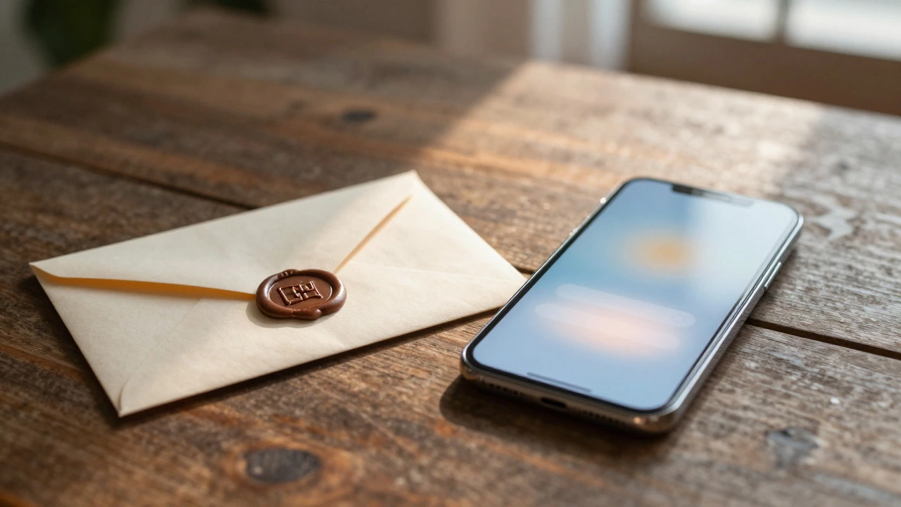 Physical envelope and smartphone displayed together on a wooden desk