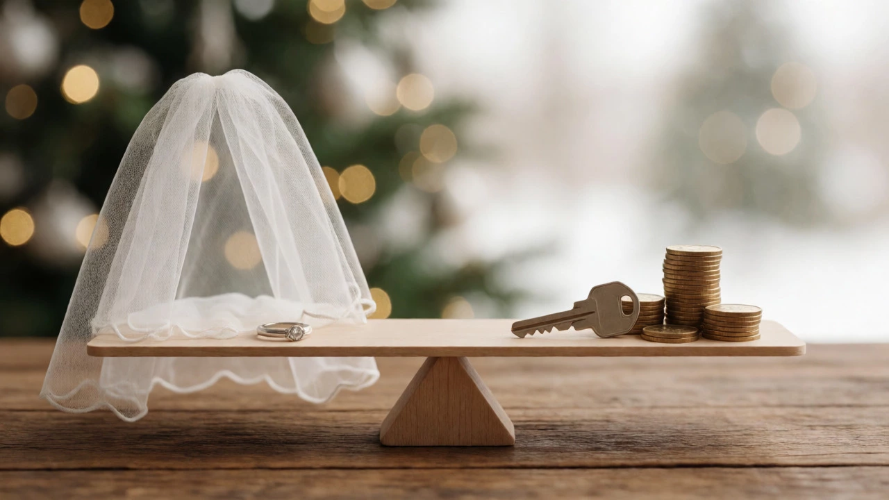 Scales balancing wedding items against money and keys