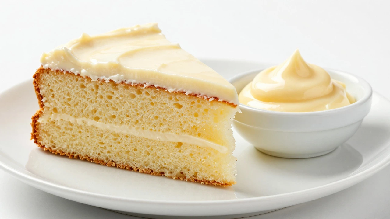 Slice of cake with lemon curd filling on a white plate