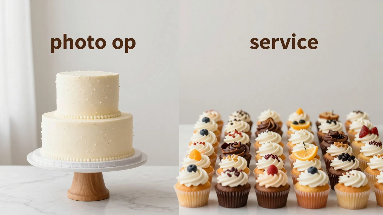 Small decorative cake next to a large cupcake display
