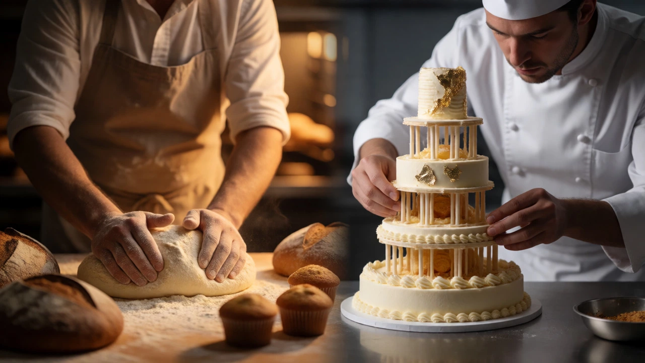 Split view comparing a baker kneading dough and a pastry chef decorating a cake.
