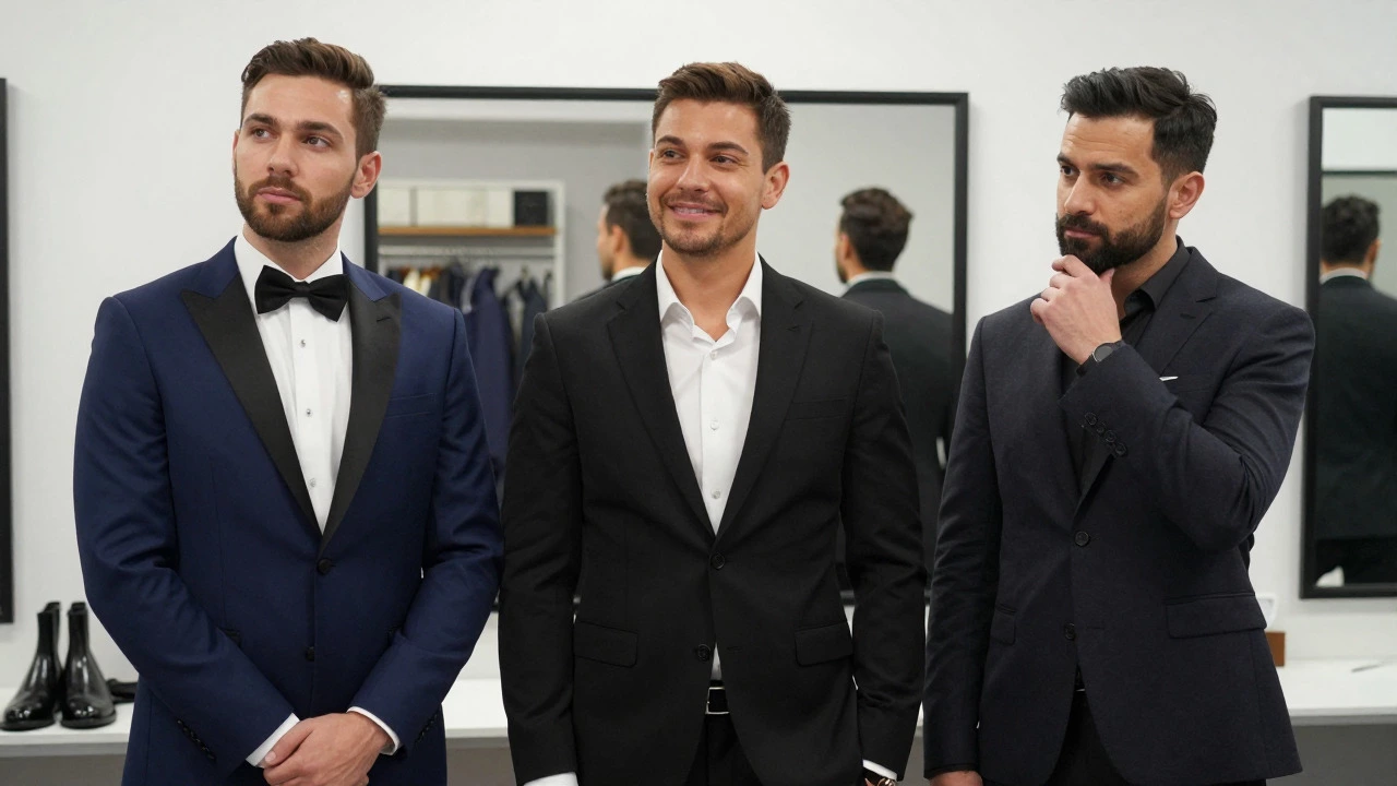 Three men in suits standing in a fitting room comparing styles