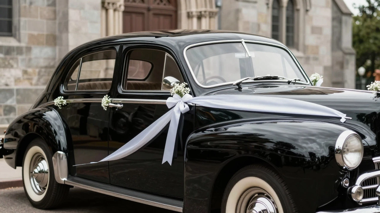 Vintage black wedding car with white satin ribbons