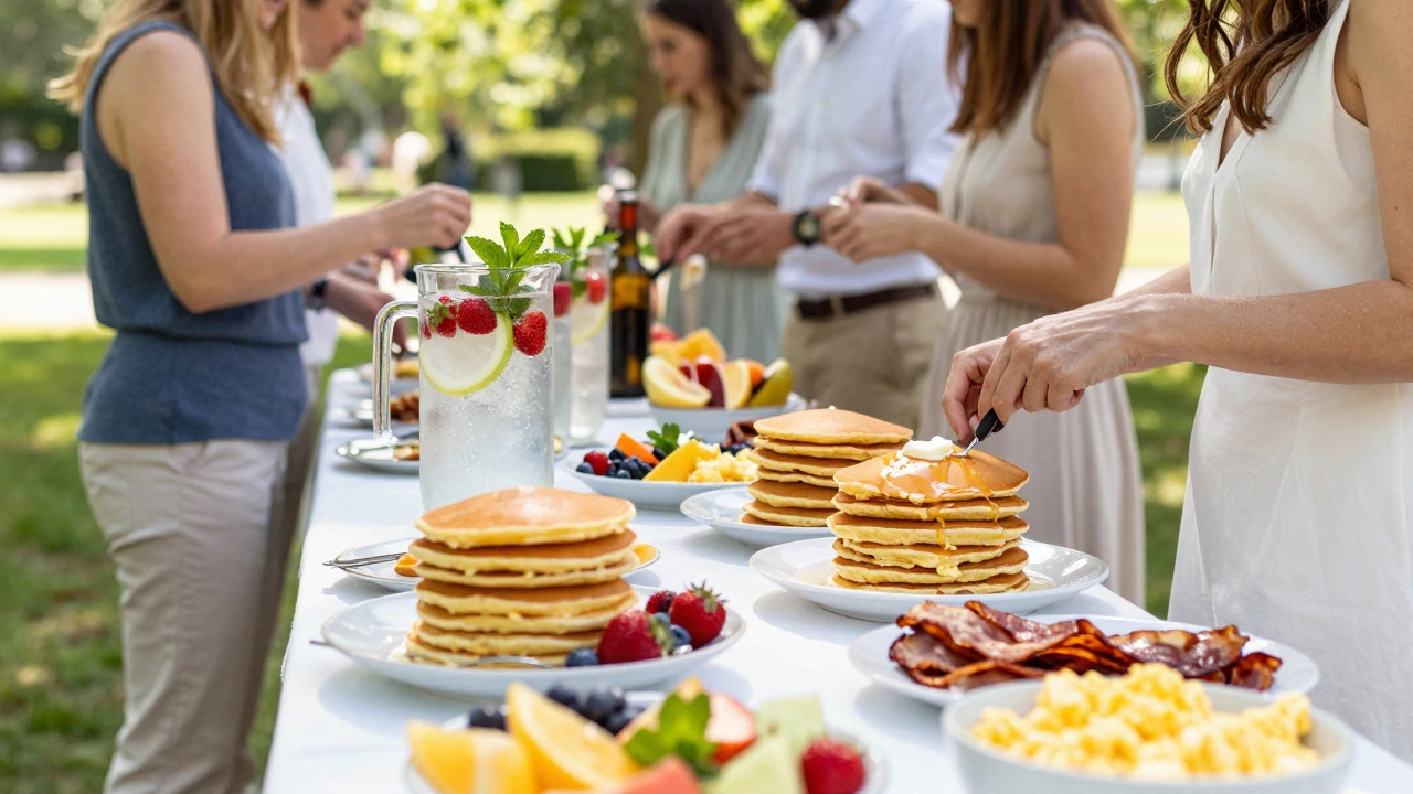 Wedding brunch table with pancakes and fruit drinks