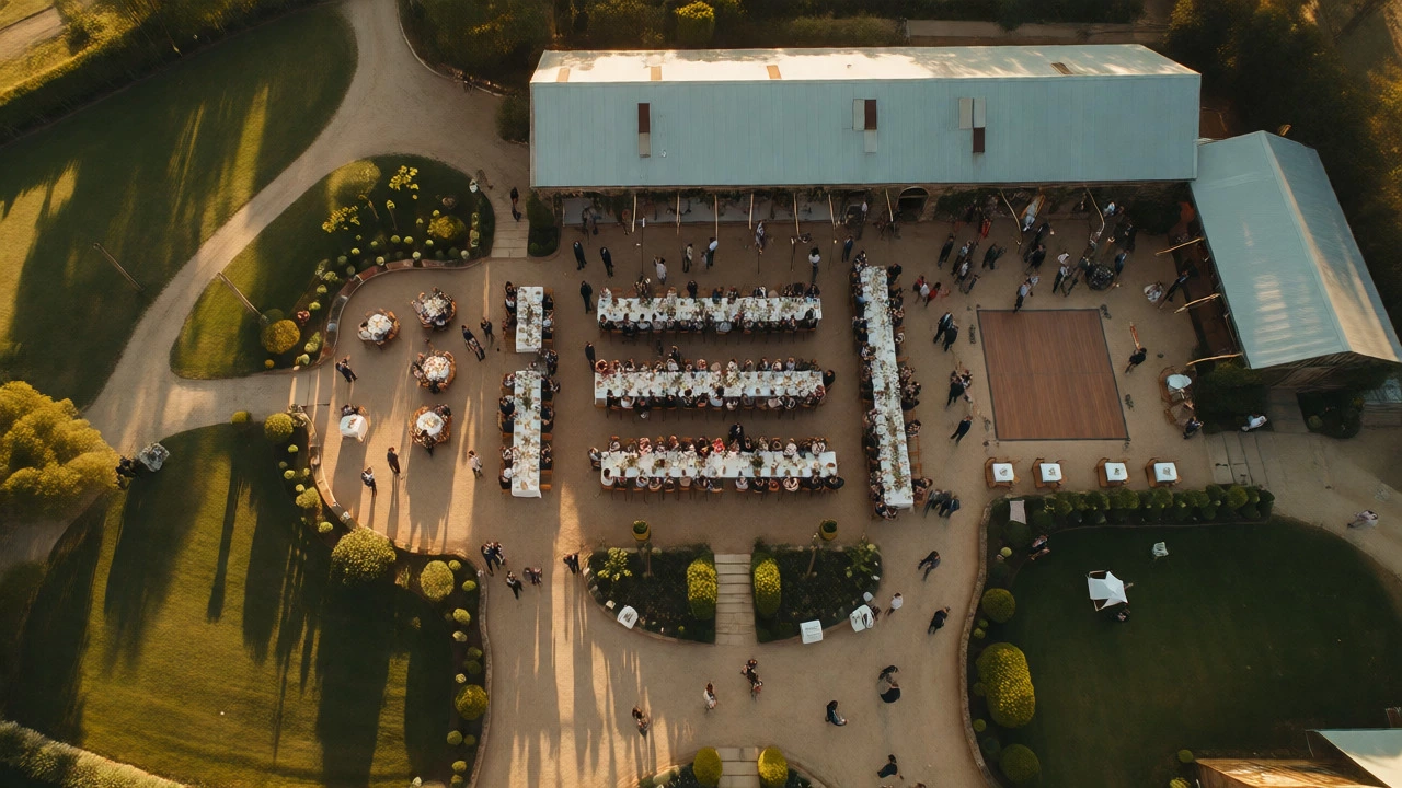 Aerial view of an outdoor wedding venue showing 200 guests distributed across dining and lounge areas.