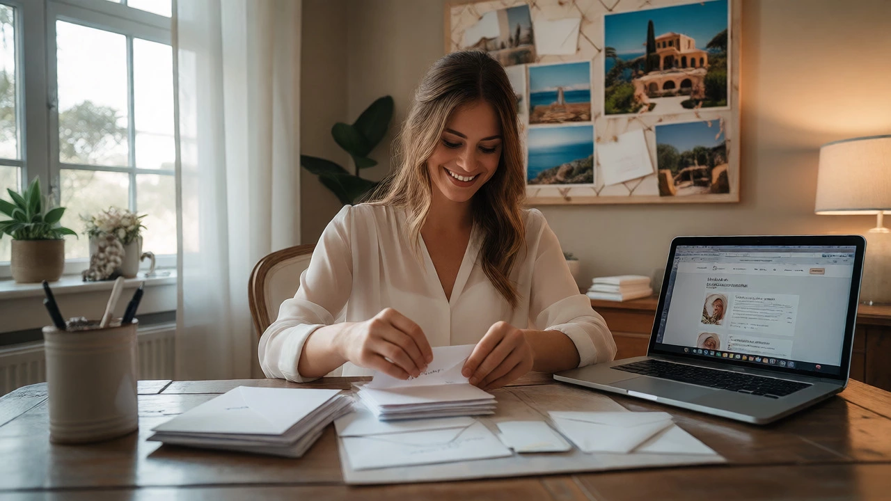 Bride sealing envelopes at a desk with a wedding website on her laptop.