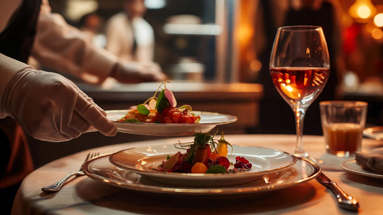 Close-up of gourmet wedding catering plating with wine glasses