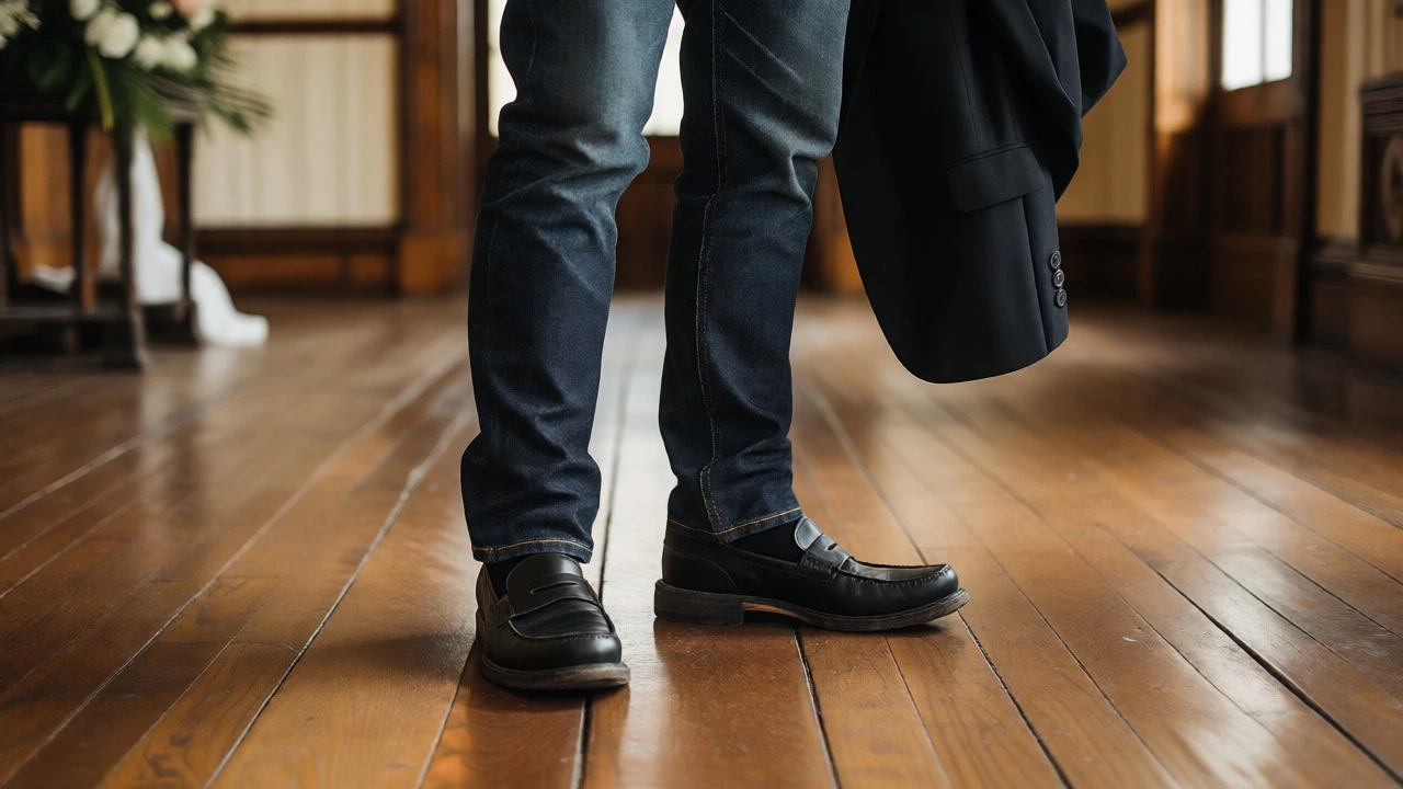 Close-up of photographer's black loafers and dark jeans on a wooden floor.