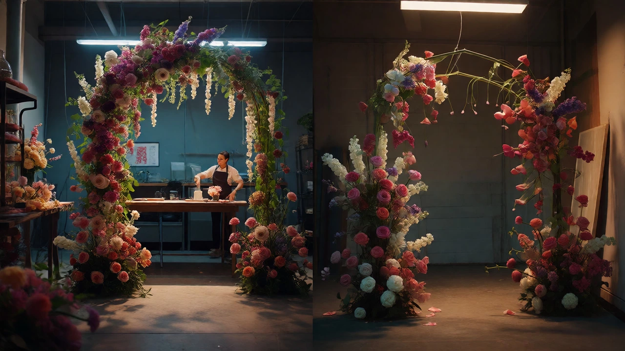 Comparison between a stable professional floral arch and a precarious DIY attempt.