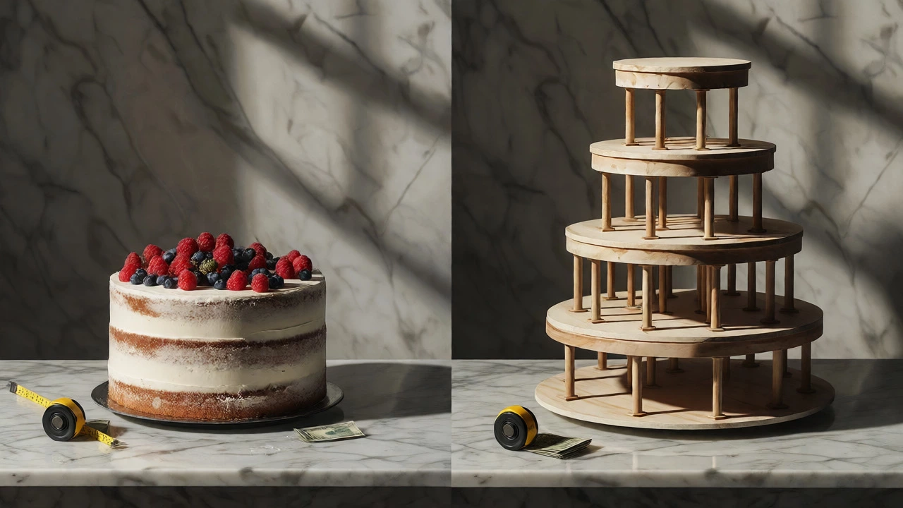 Comparison of rustic naked cake and complex tiered cake structures