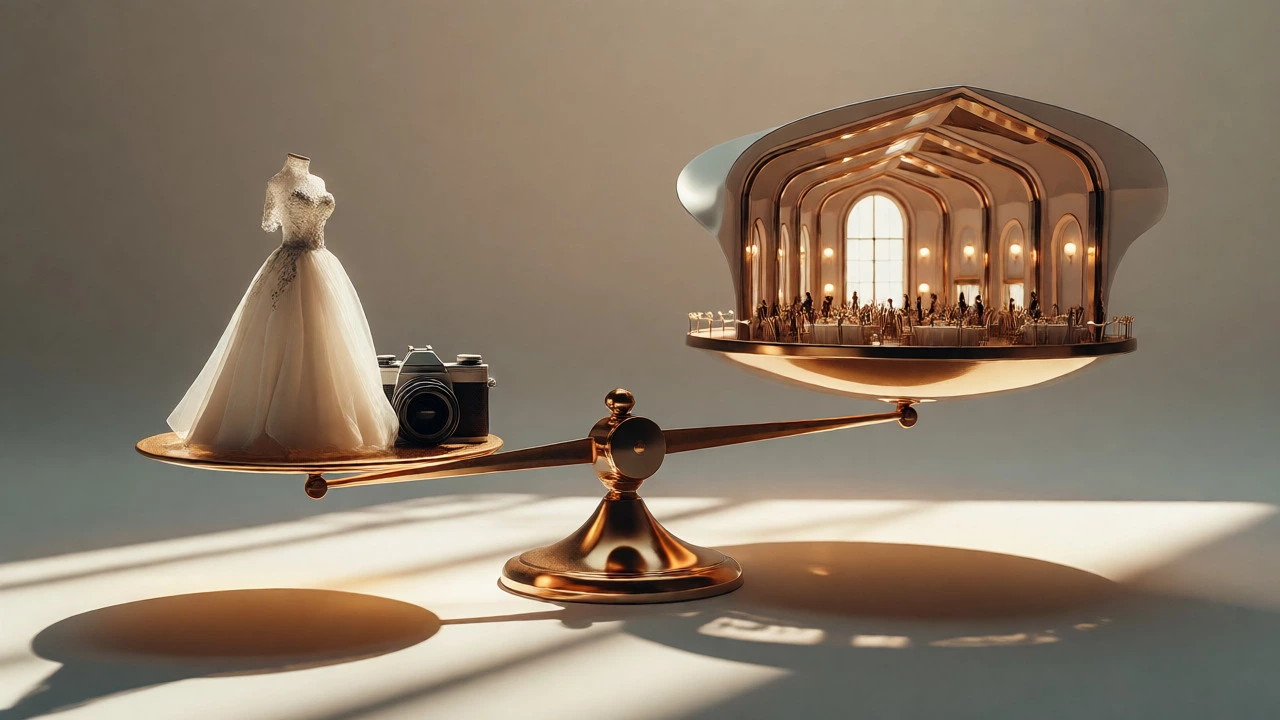Conceptual image showing a heavy wedding venue outweighing other costs