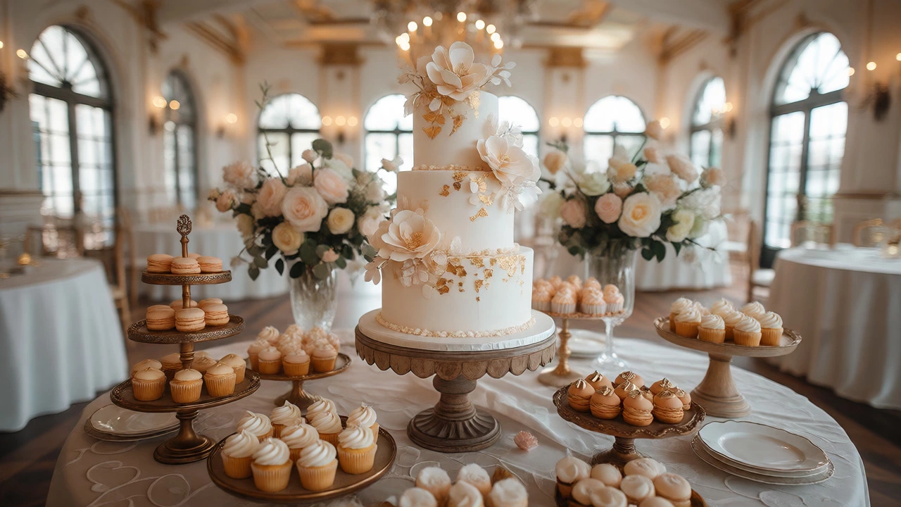 Elegant three-tiered wedding cake with sugar flowers at reception