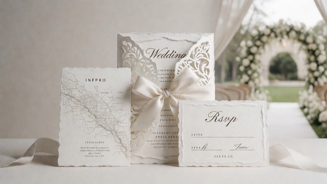 Elegant wedding invitation suite with laser-cut edges and ribbon tied neatly, showcasing luxury stationery design.