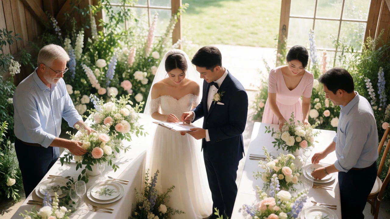 Family collaborating on wedding details in bright venue
