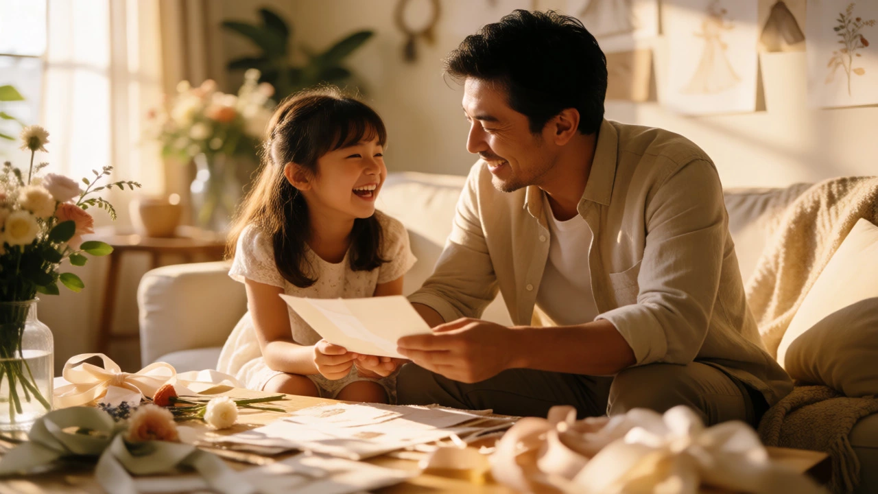 Father and daughter laughing over wedding plans