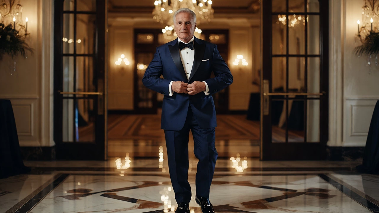 Father of the groom adjusting his midnight blue tuxedo in a grand ballroom entrance.