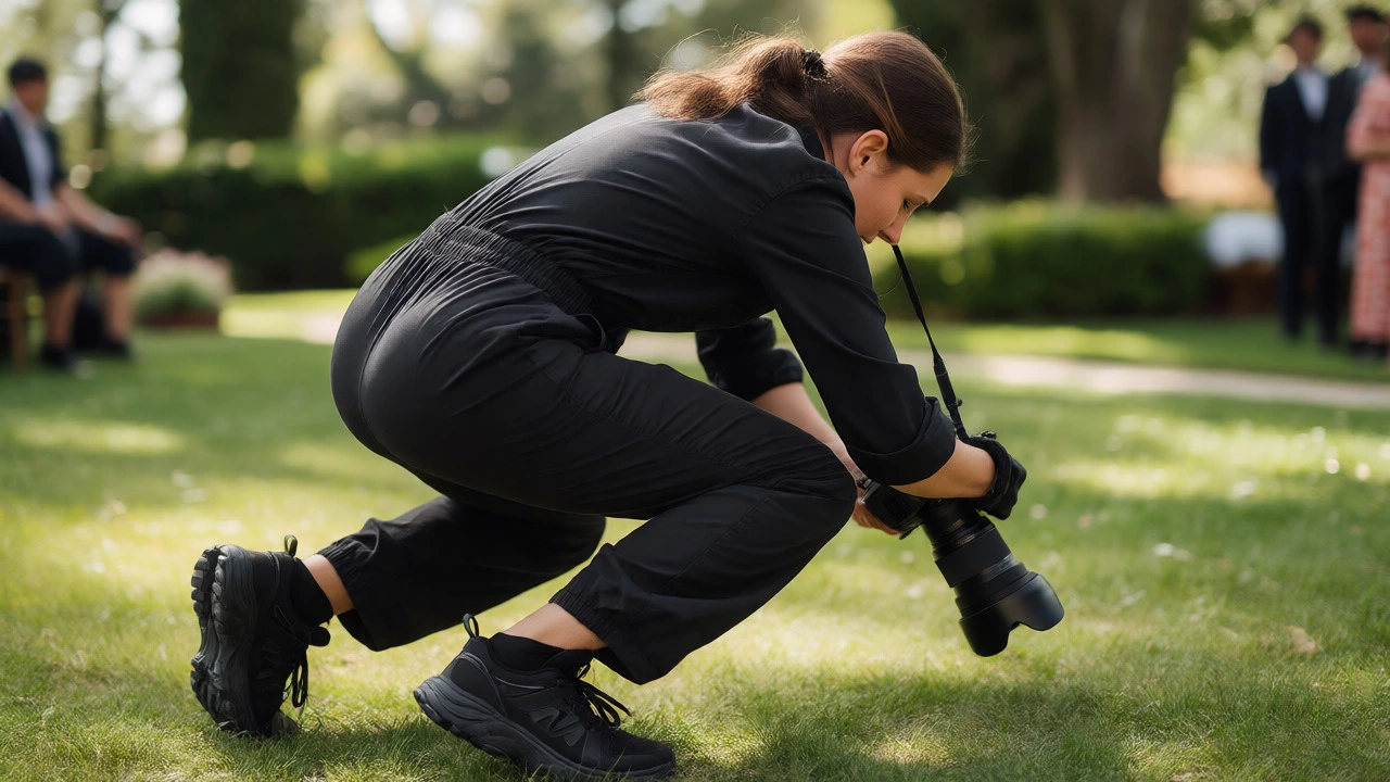 Female photographer in black jumpsuit crouching outdoors to take a photo.