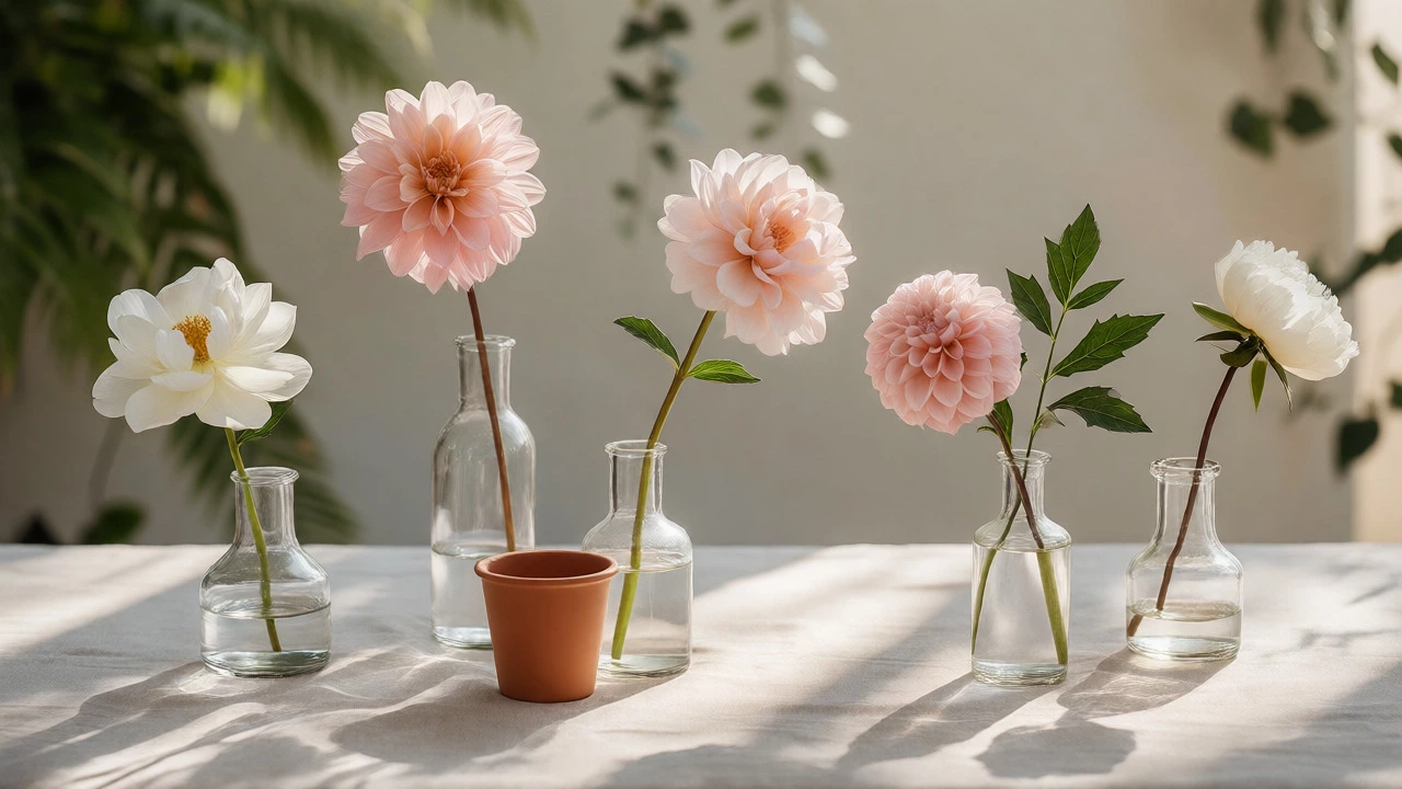Minimalist wedding table with single-stem bud vases and seasonal blooms in bright light.