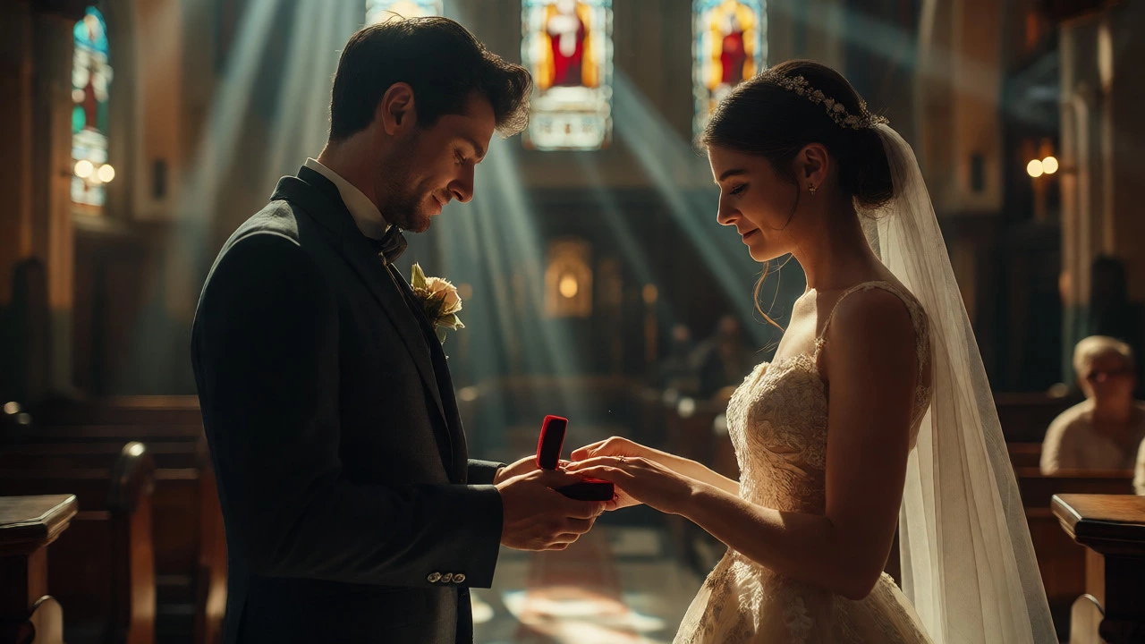Nervous couple at a church altar preparing to exchange wedding rings in dramatic light.