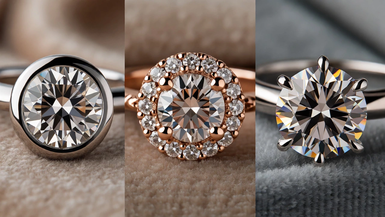 Side-by-side comparison of lab-grown, halo, and moissanite ring settings.