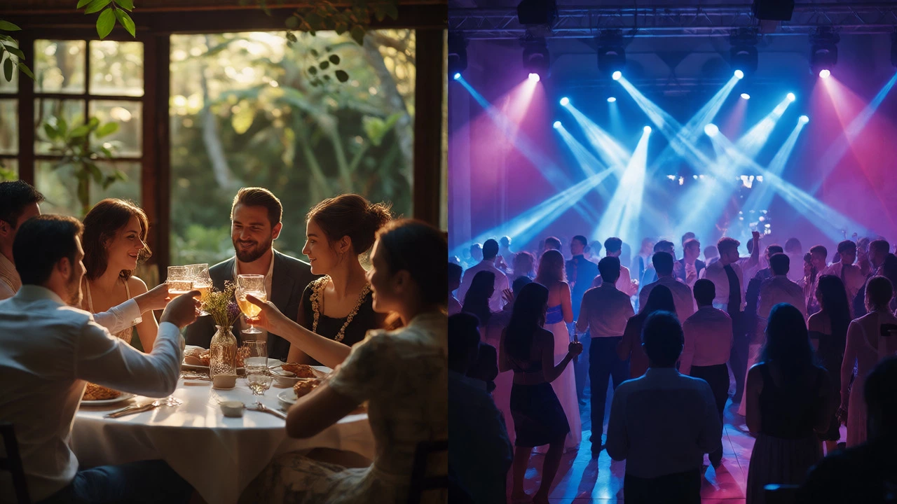 Split image comparing an intimate small wedding gathering with a large, energetic dance floor full of guests.