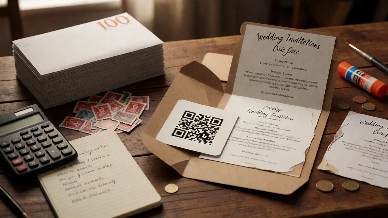 Still life of wedding envelopes, stamps, and a calculator on a wooden desk representing invitation planning costs.