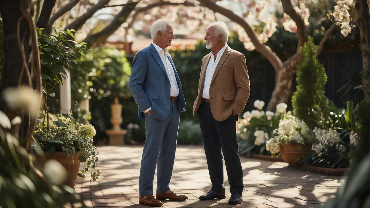 Two fathers coordinating outfits in a garden setting, wearing complementary suits and loafers.